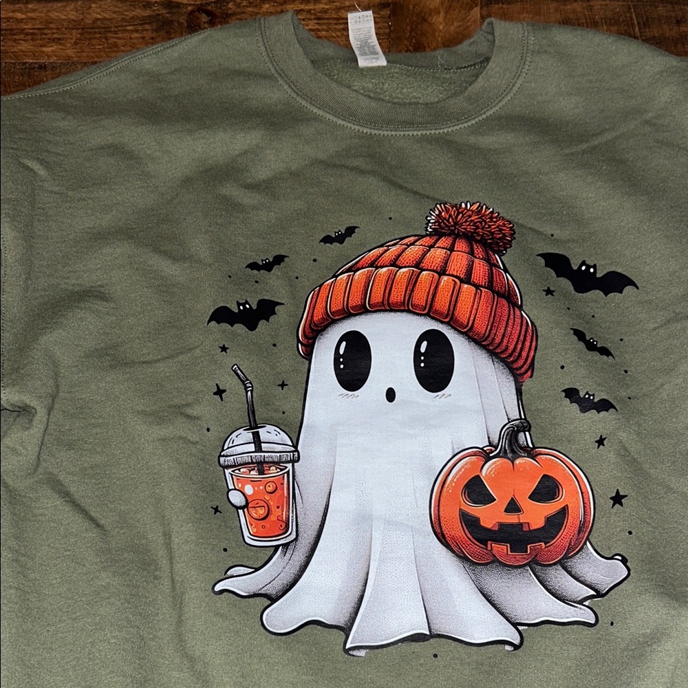 Gildan xl military green sweatshirt with Halloween printed design